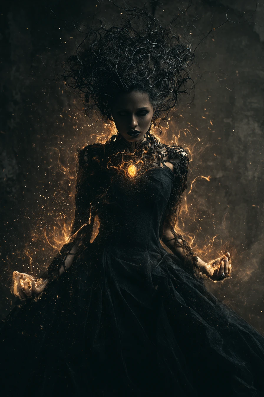 Dark wood sorceress walking alone in a grand hall