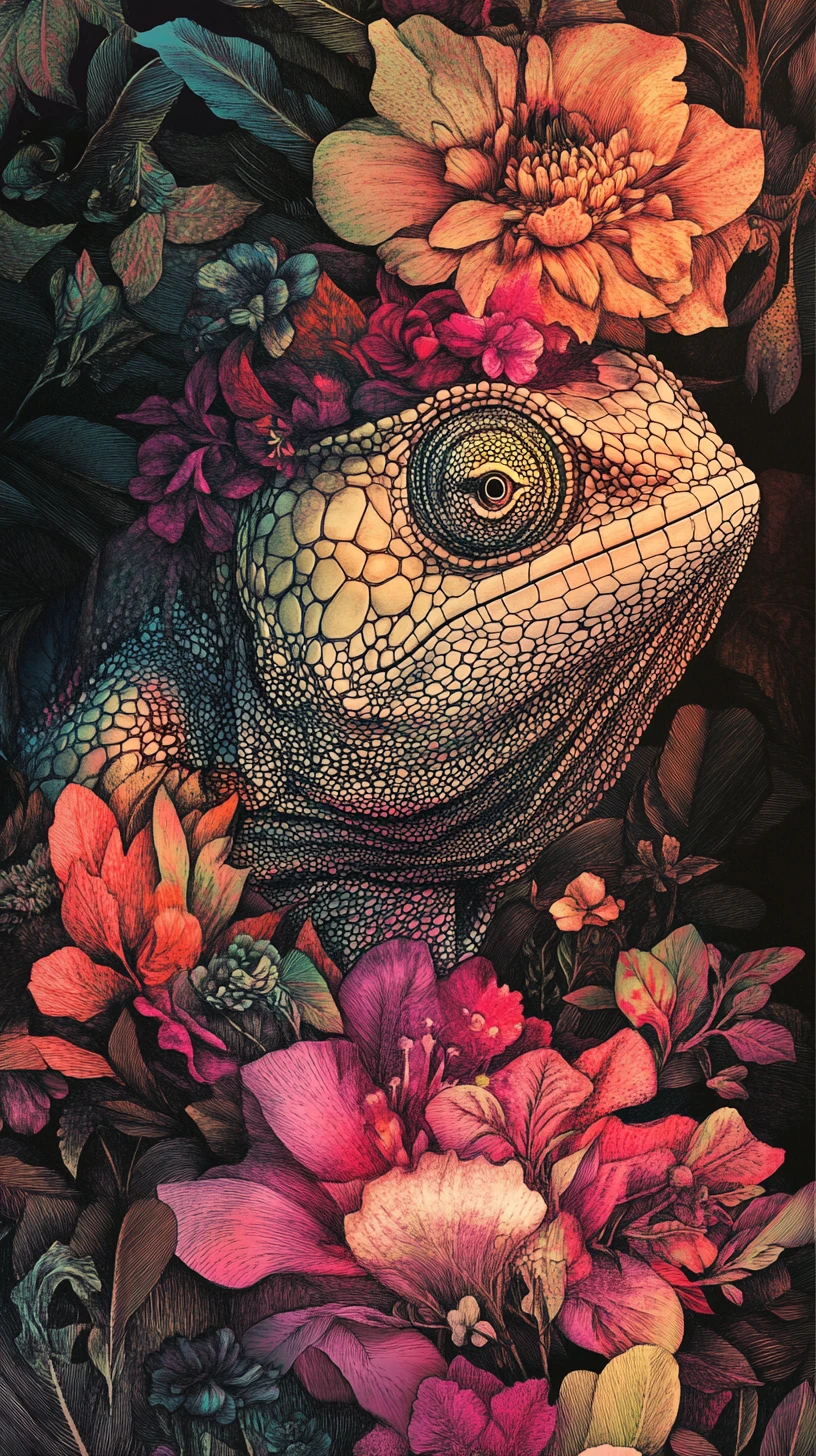 Floral ink chameleon face formed from delicate blooming petals