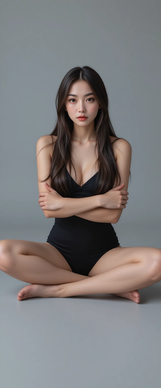 Young woman sitting cross legged in black swimsuit