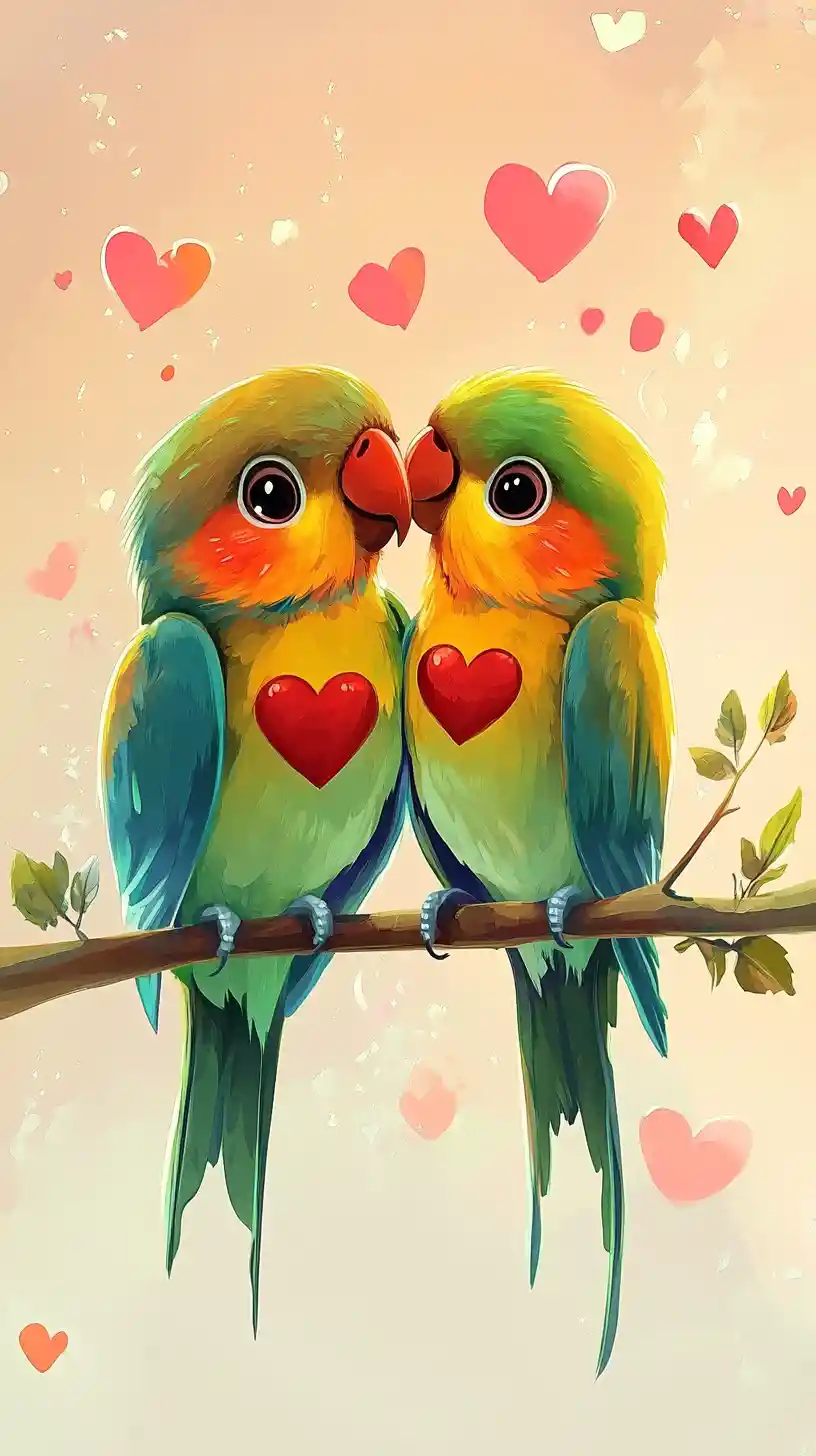 Two Cute Cartoon Parrots Surrounded By Floating Hearts