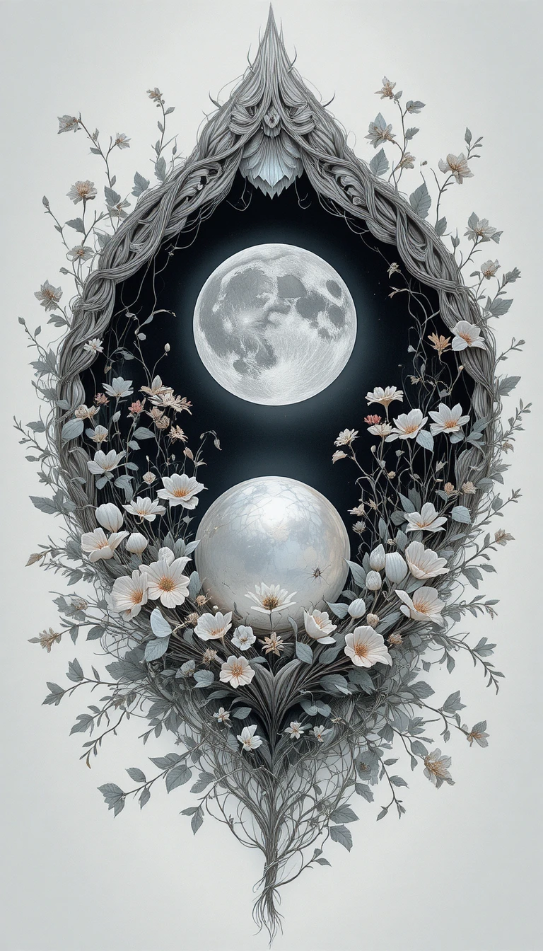 Delicate floral seashell with glowing pearl and moon