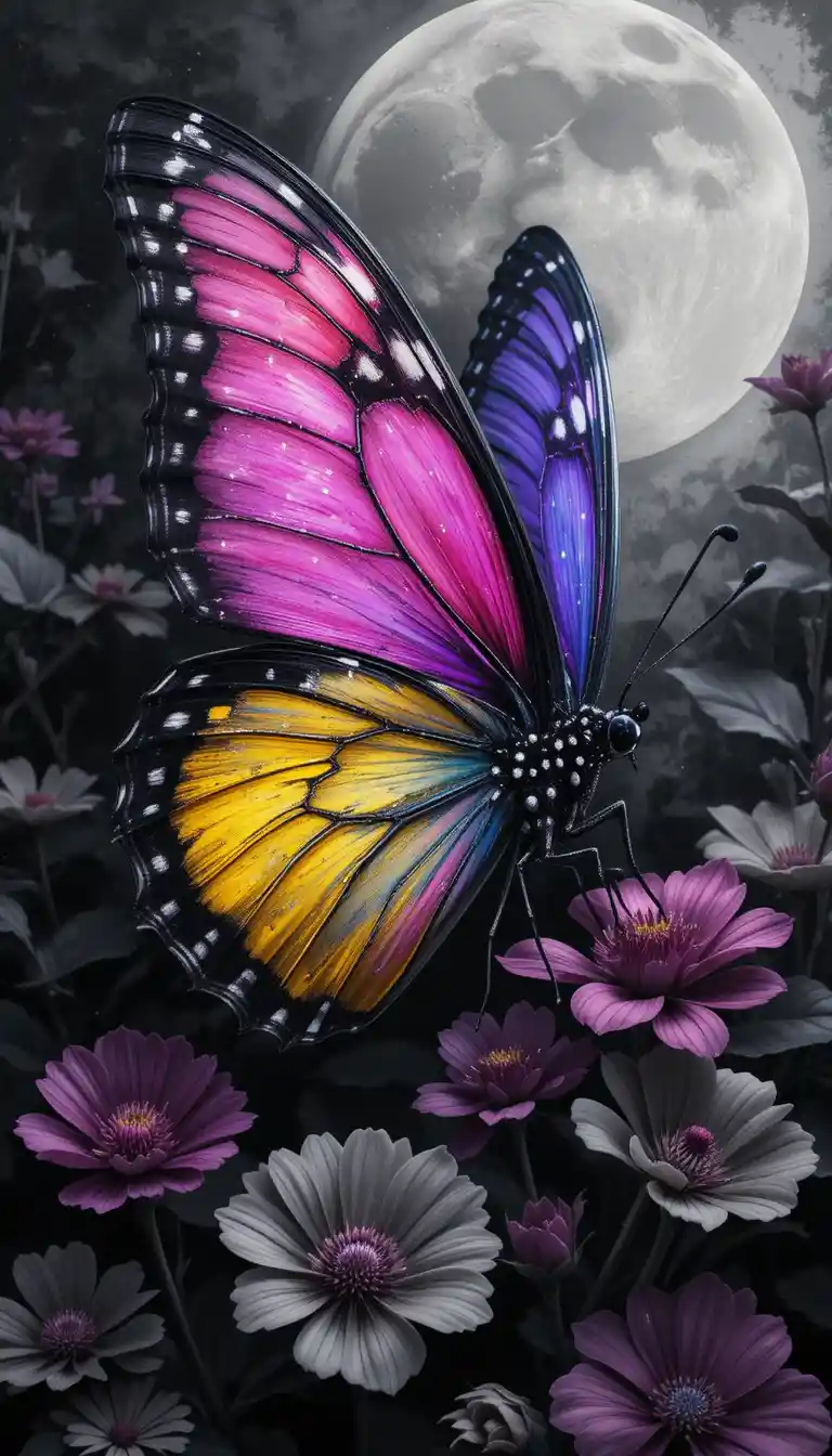 Surreal macro butterfly in charcoal with vivid neon wings