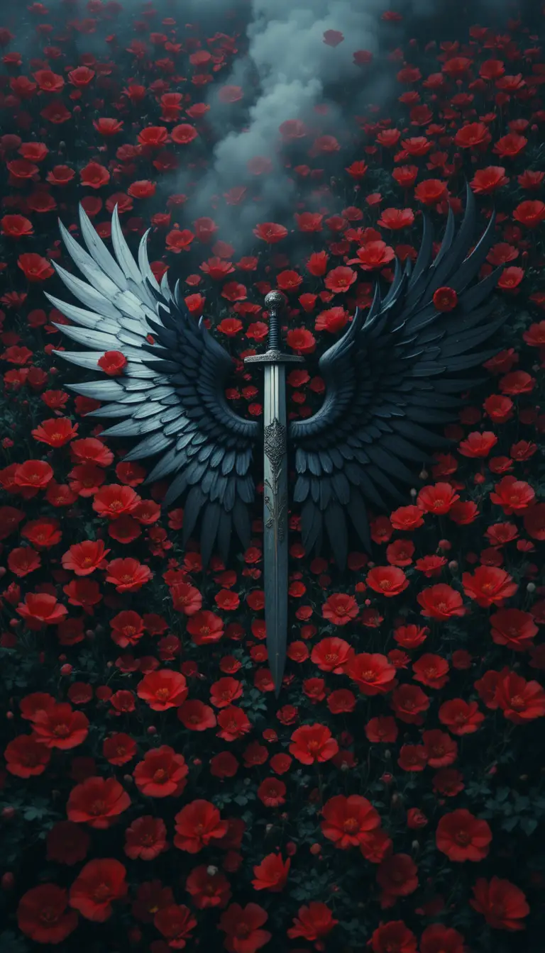 Dark poppy field with sword and winged shapes from above