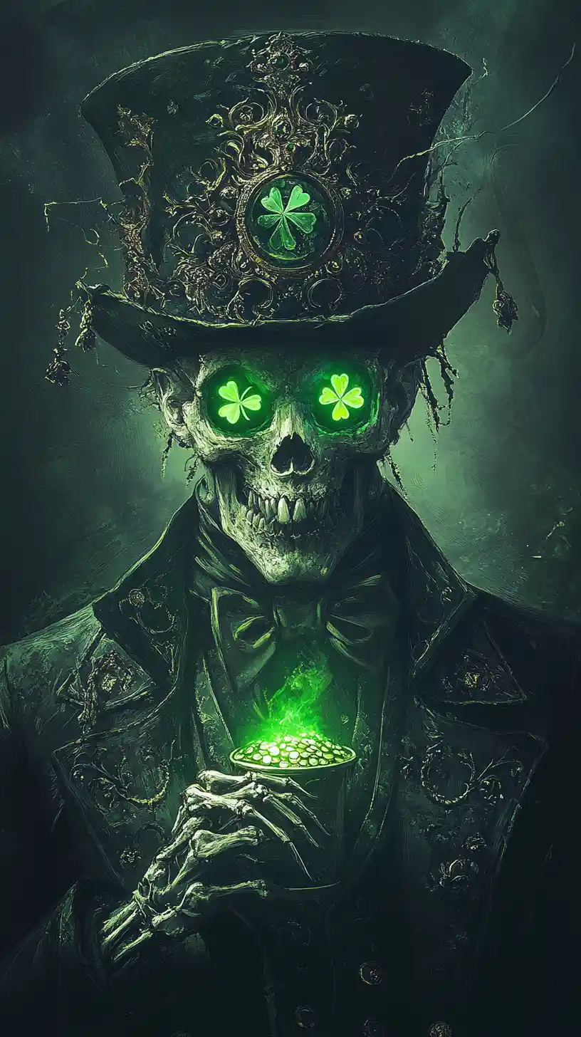 Dark skeletal king with emerald eyes and glowing gold