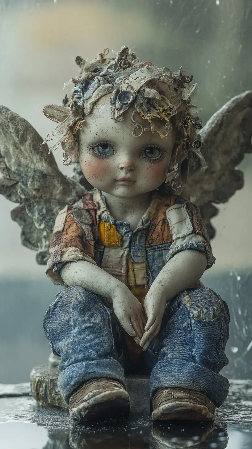 Whimsical cherub in patchwork clothes on a misty surface