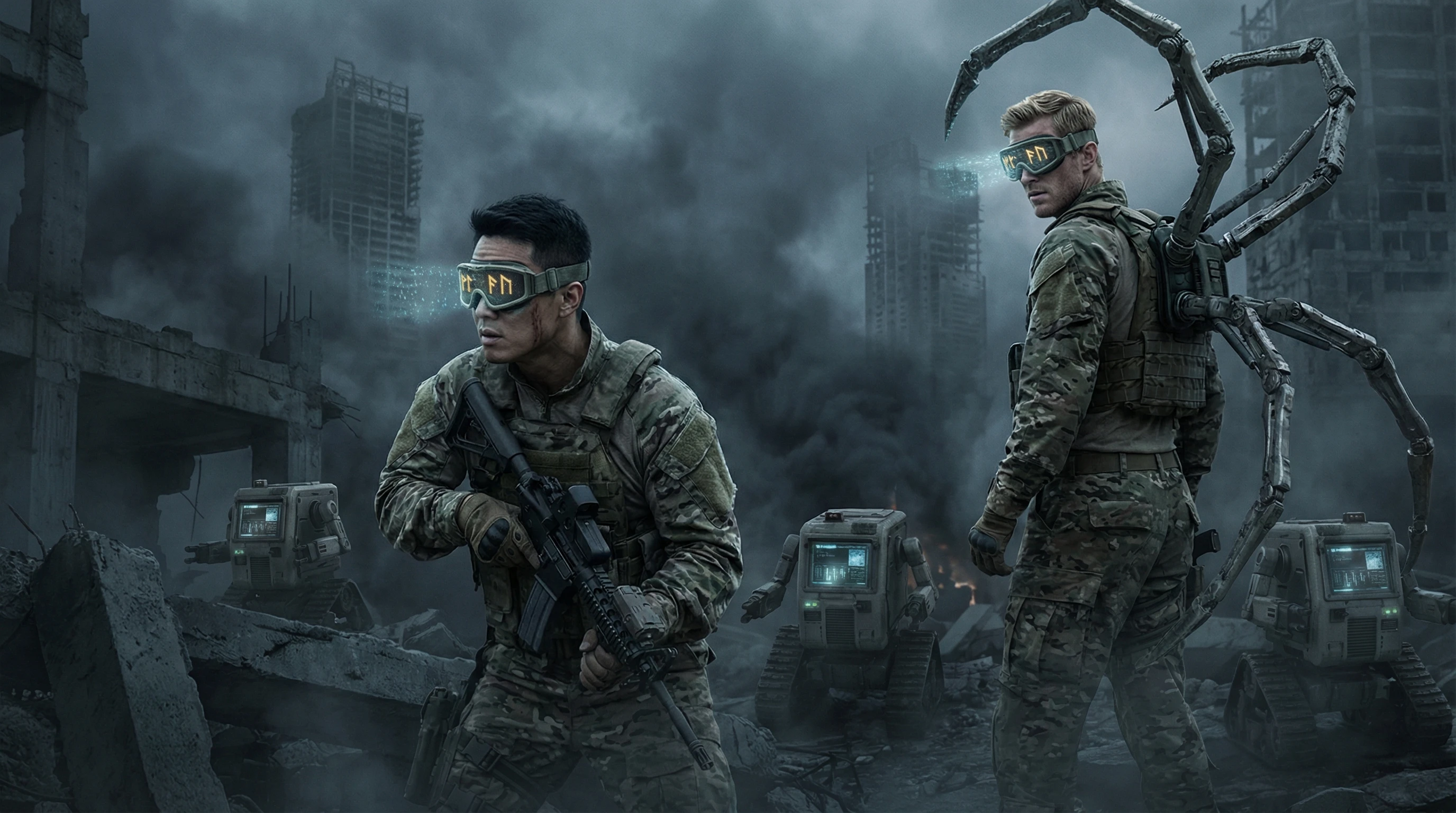 Soldats armés dans des ruines avec robots et membres mécaniques