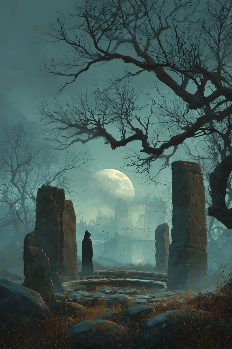 Hooded figure at a crumbling stone circle under moonlight