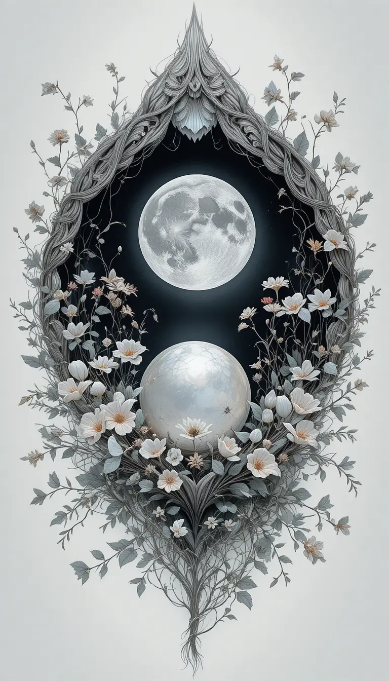 Delicate floral seashell with glowing pearl and moon