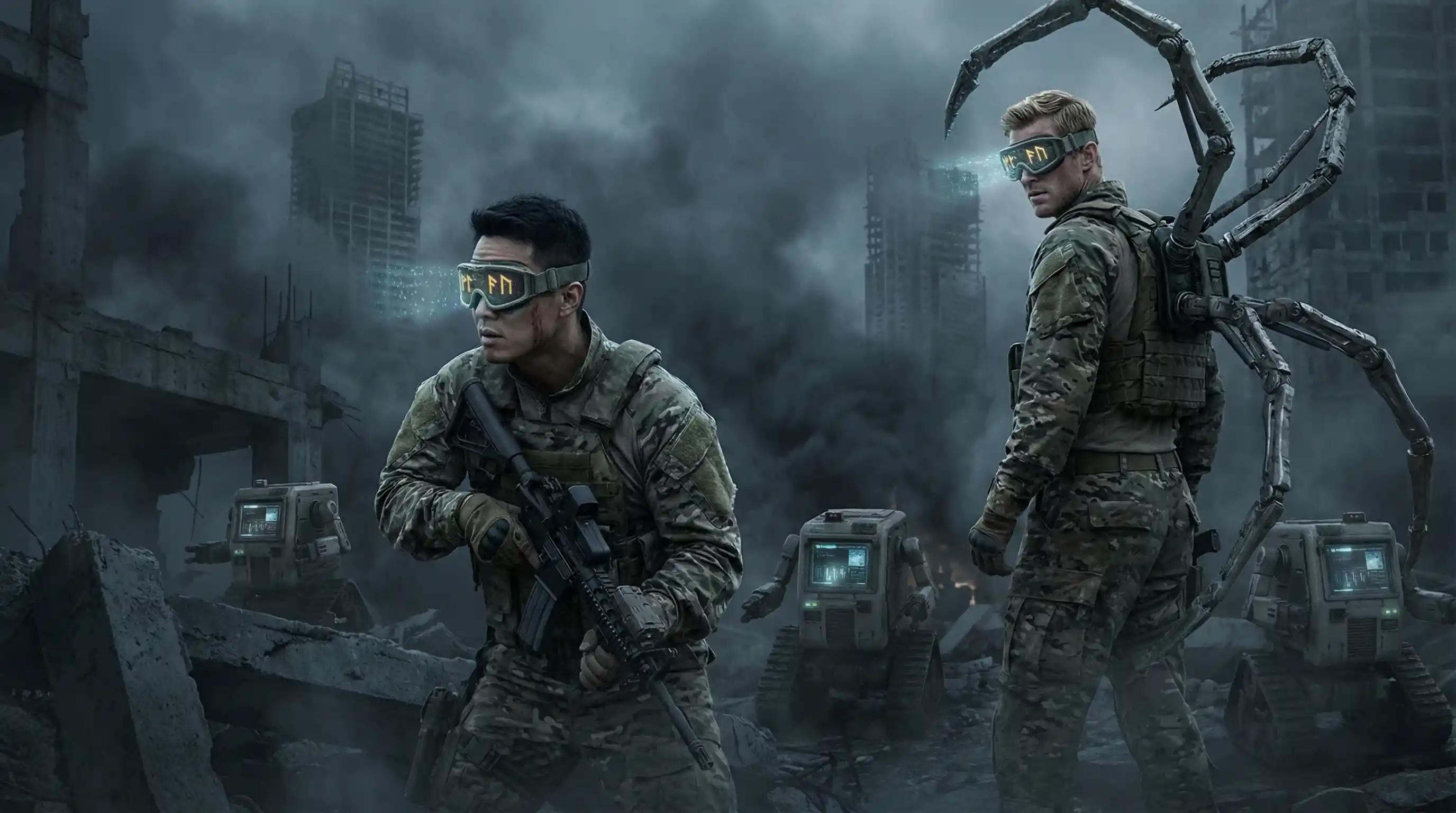 Armed soldiers in ruins with robots and mechanical limbs