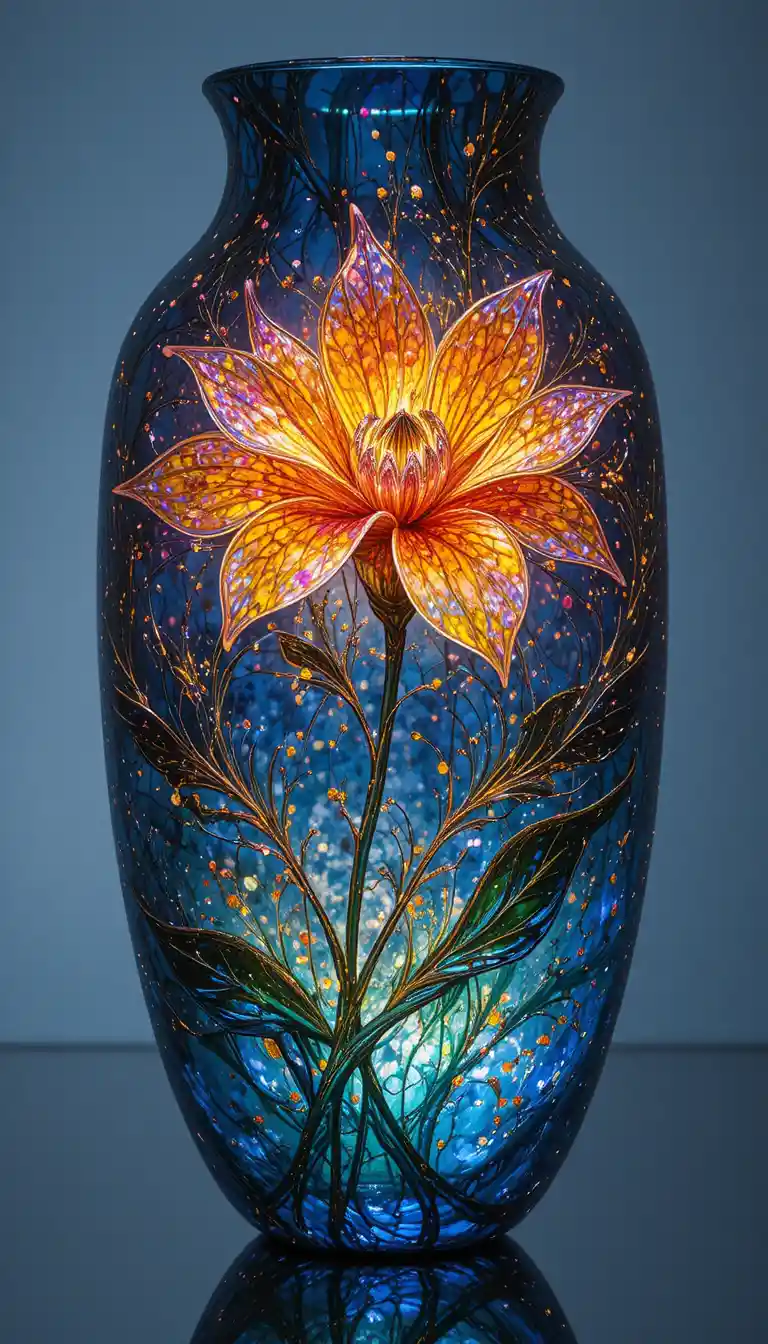 Glowing fluid art vase with a single delicate flower