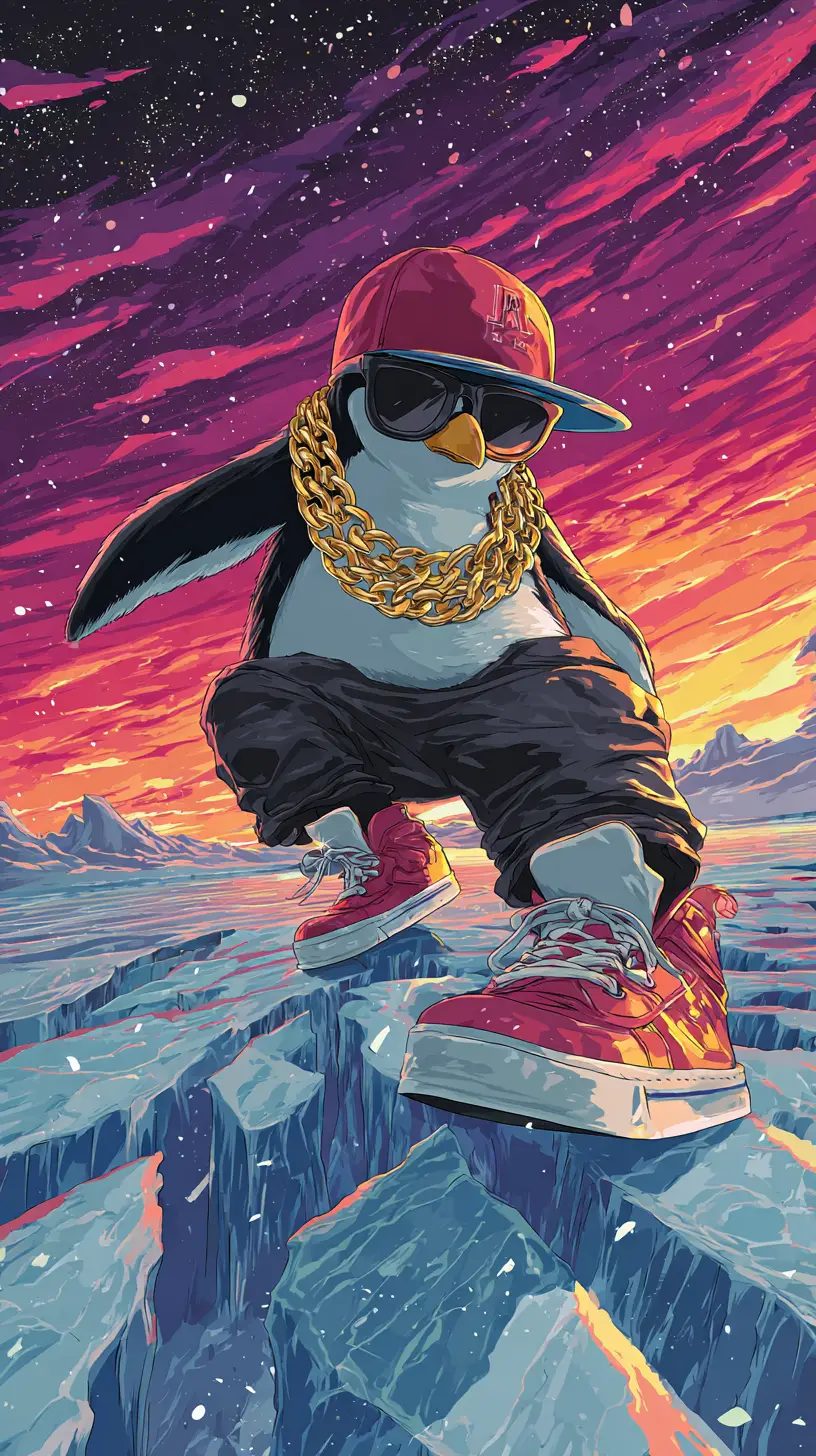 Hip hop penguin dancing on an icy aurora night