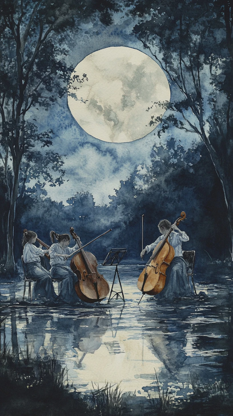 Watercolor mice playing music on lily pads under moonlight