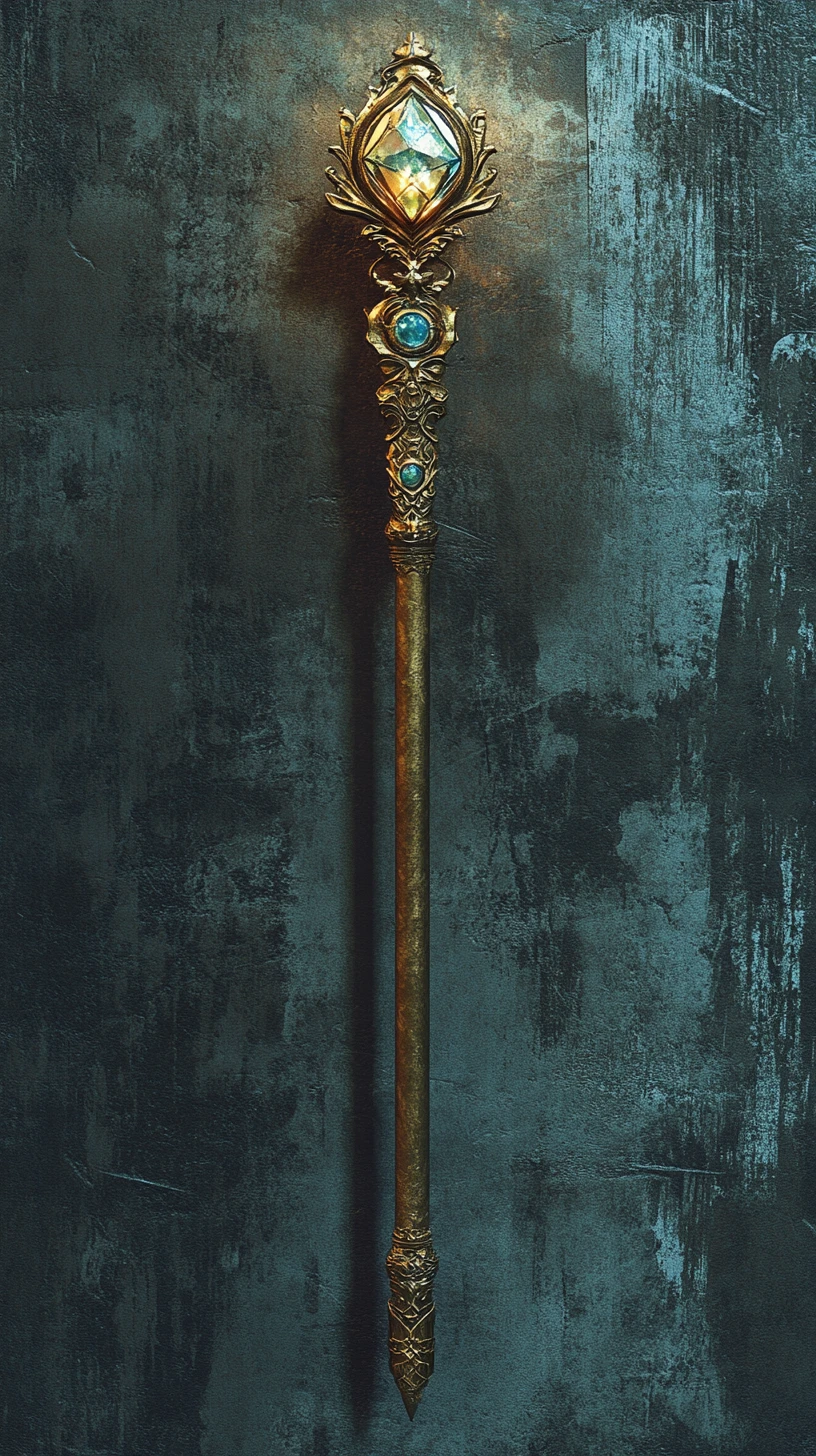 Tall magic staff with glowing crystal on grunge background