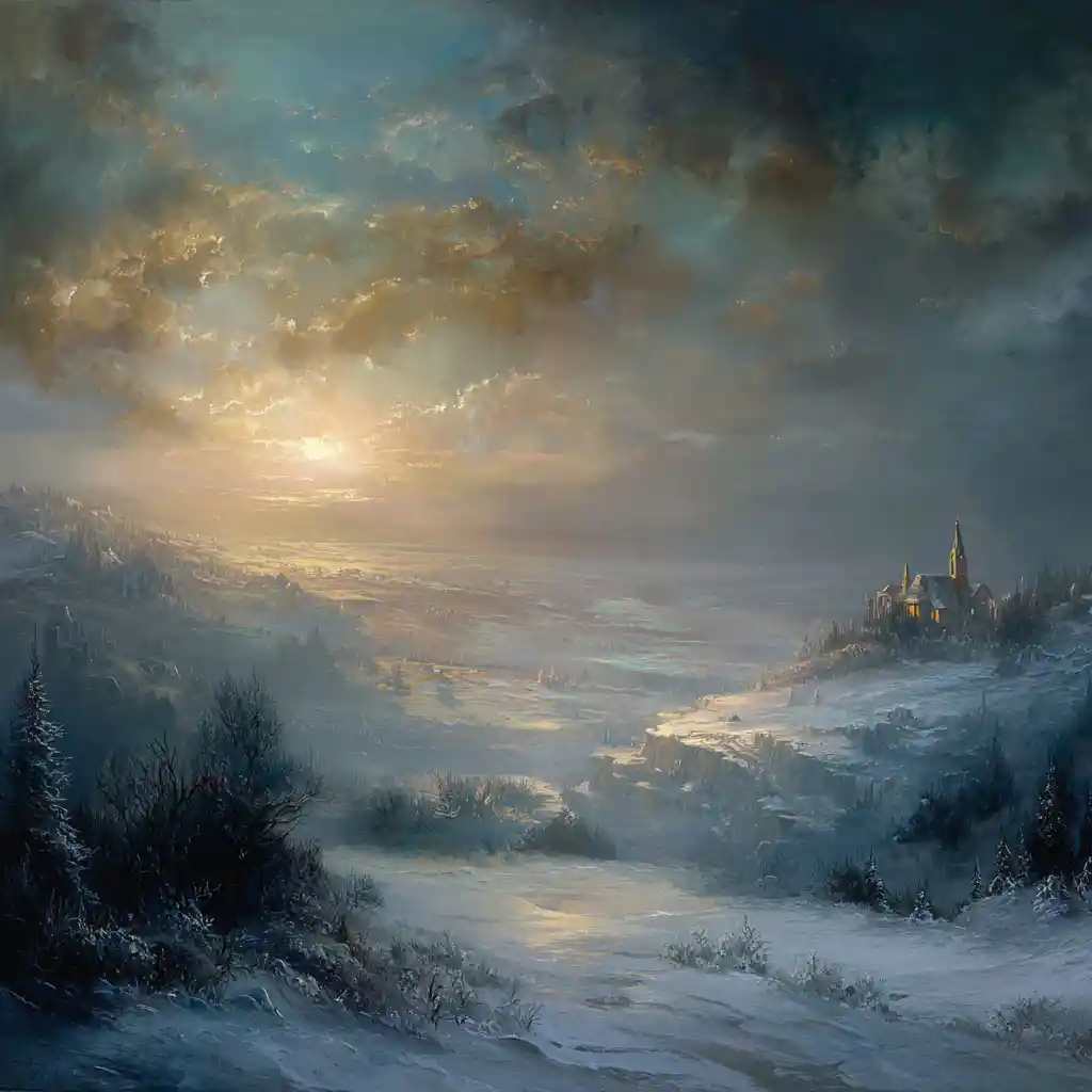 Snowy twilight valley with distant church tower and bells
