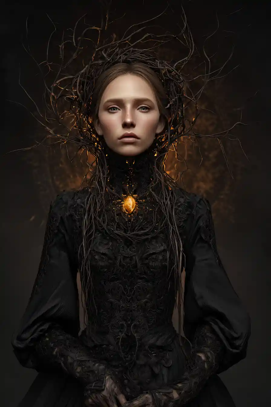 Dark forest witch woman walking through a vast grand hall