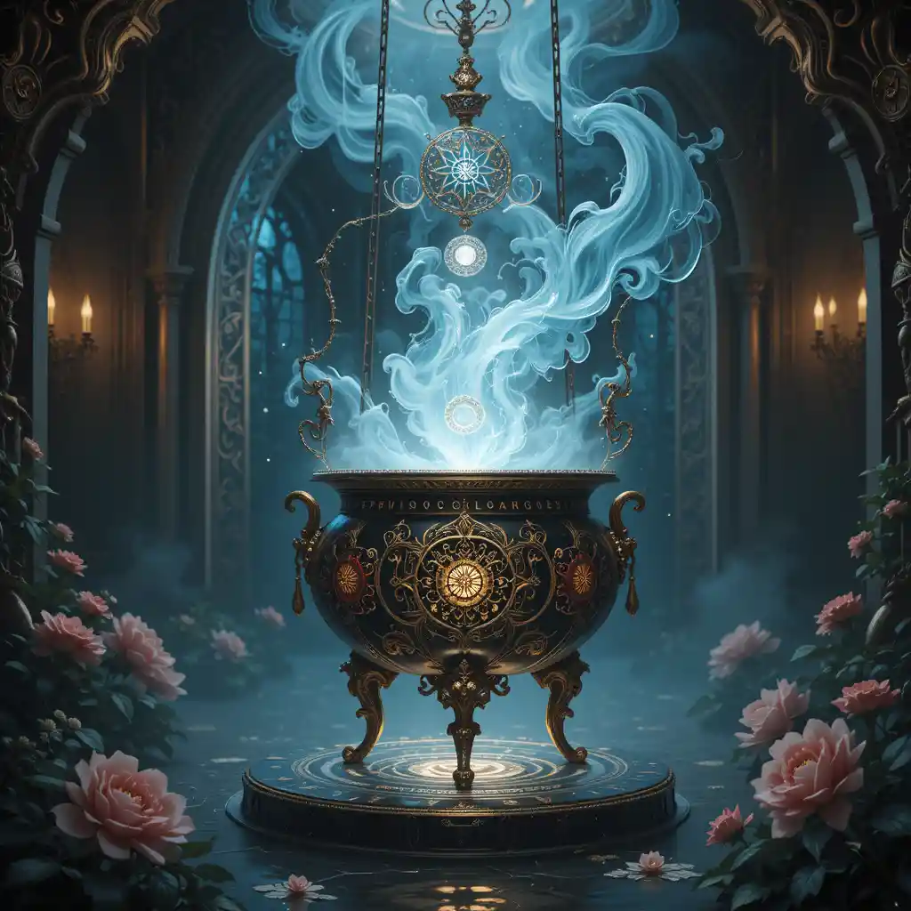 Mystical Glowing Cauldron In A Dim Fantasy Chamber