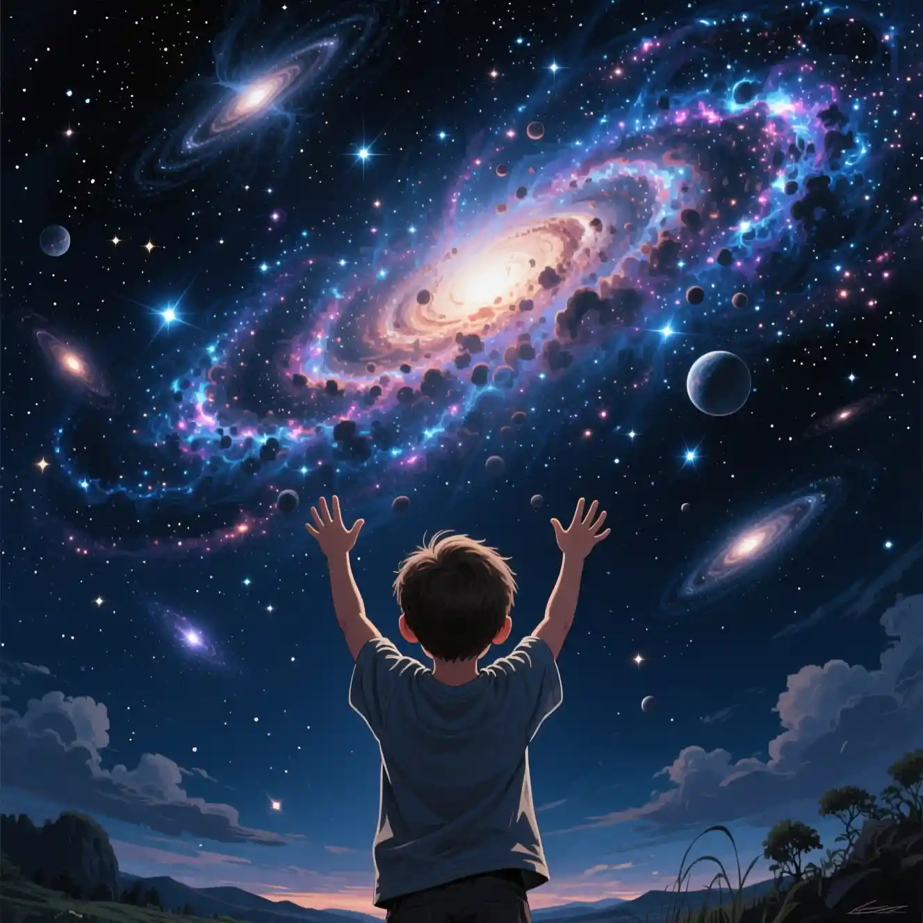 Kleiner Junge, der nach einem leuchtenden Galaxienhimmel greift
