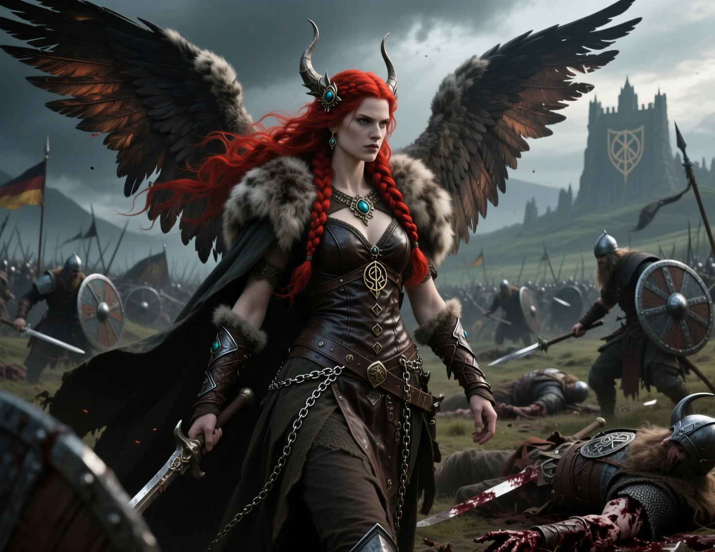 Valkyrie warrior choosing a fallen viking on the battlefield