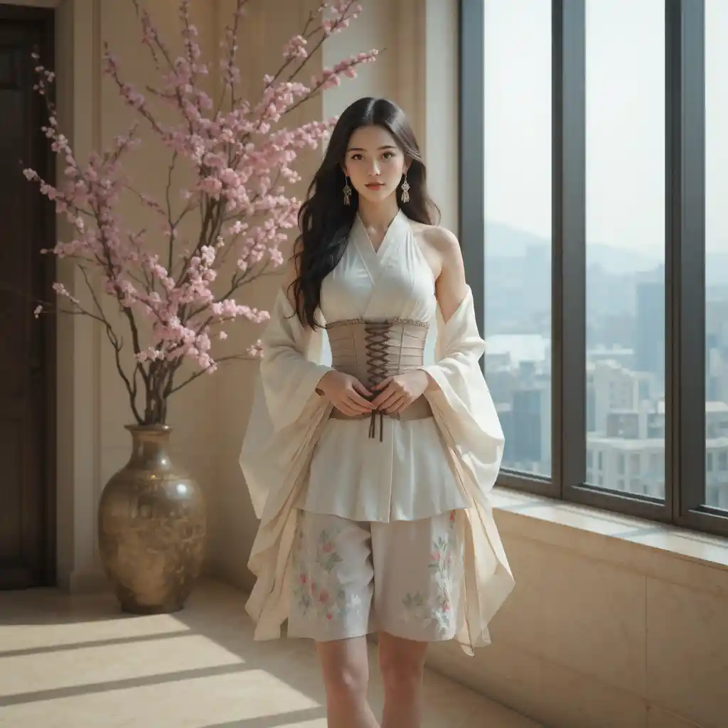 Full body Vietnamese woman in sleeveless yukata by window