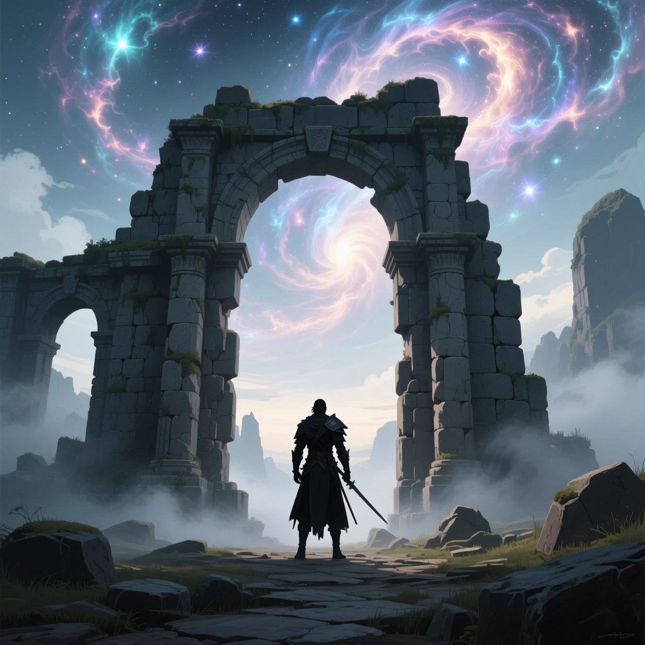 Lone warrior at the entrance of ancient cosmic ruins