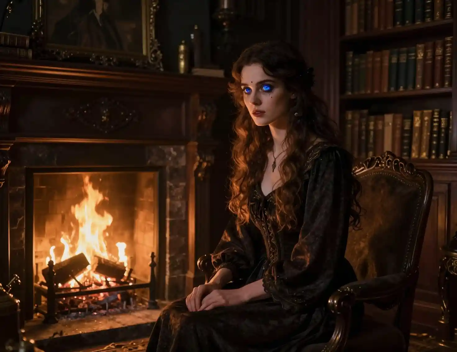 Mysterious woman by the fireplace in an opulent study