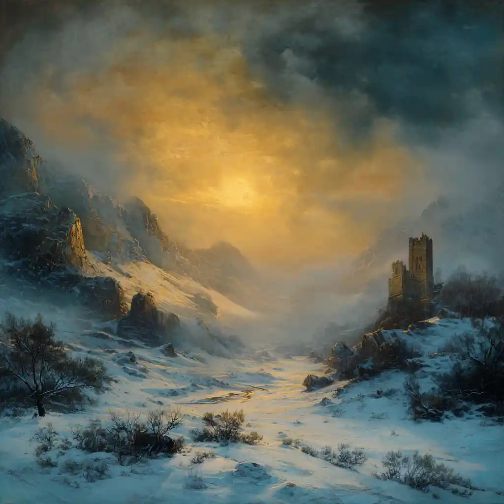 Snowy valley church bells ringing in winter twilight