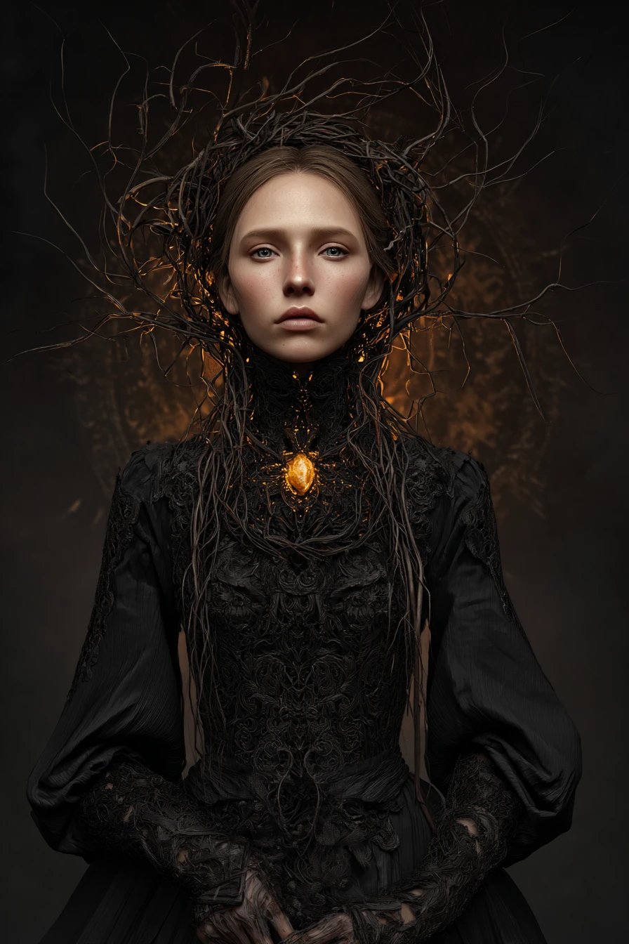 Dark forest witch woman walking through a vast grand hall