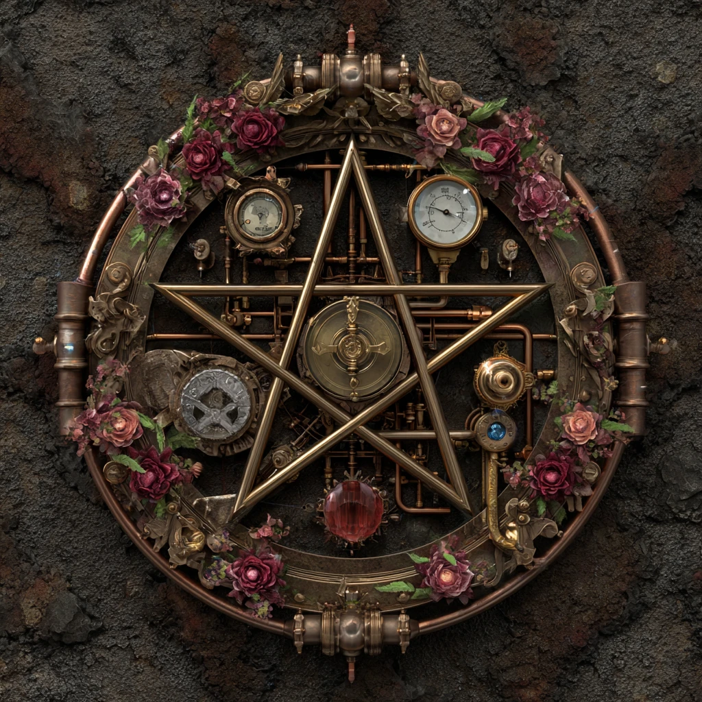 Pentagrama steampunk con tuberías, cristales y flores en estilo grunge