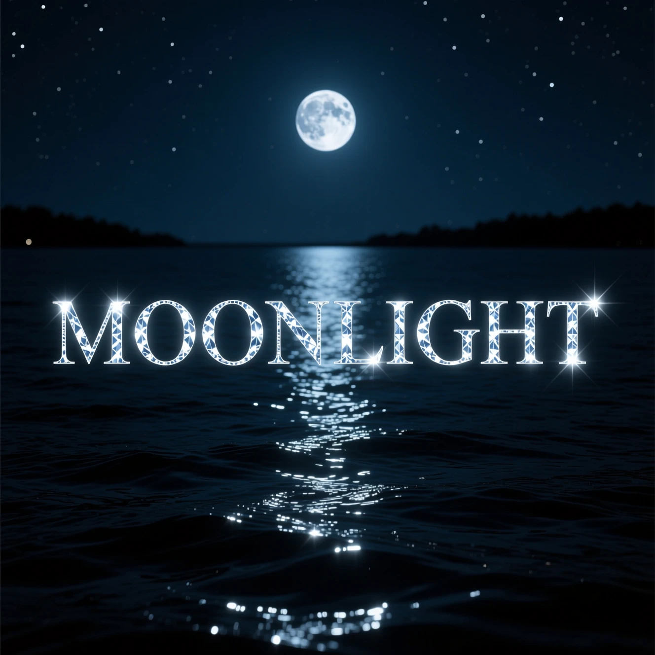 Fondo de agua a la luz de la luna con texto de luz lunar brillante