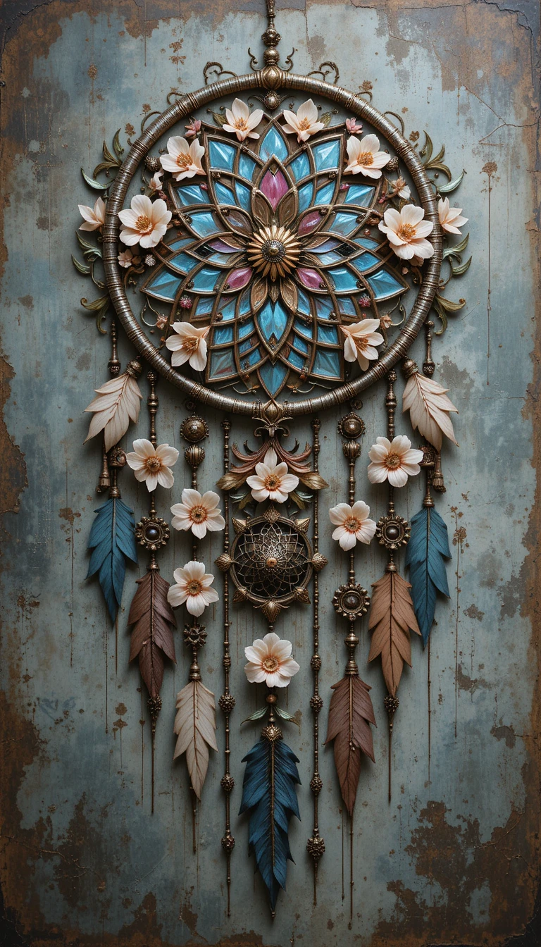 Dreamcatcher wall art with floral industrial details