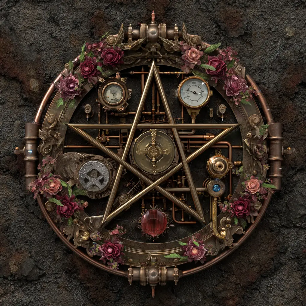Steampunk pentagram with pipes crystals and flowers on grunge