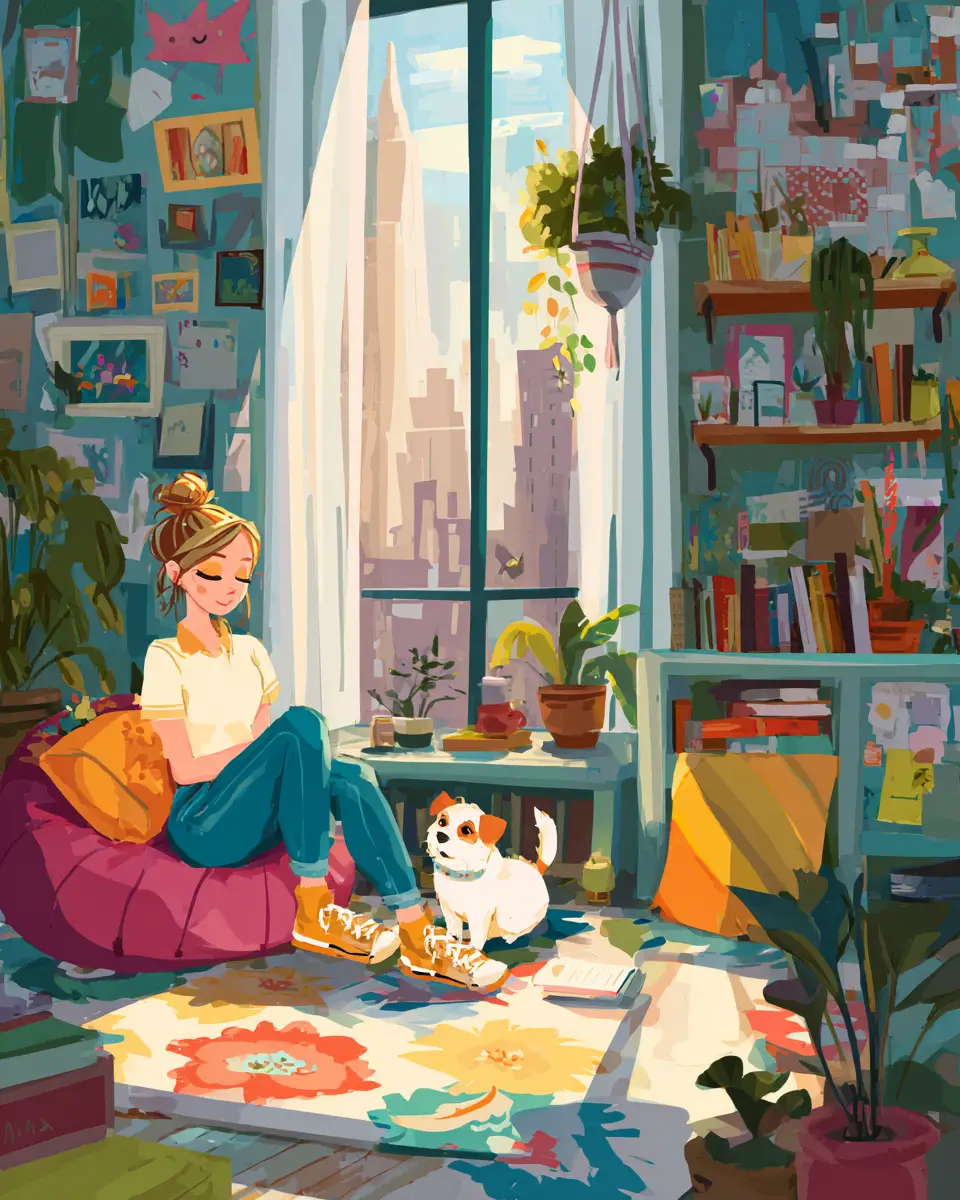 Playful urban apartment with a girl and her dog