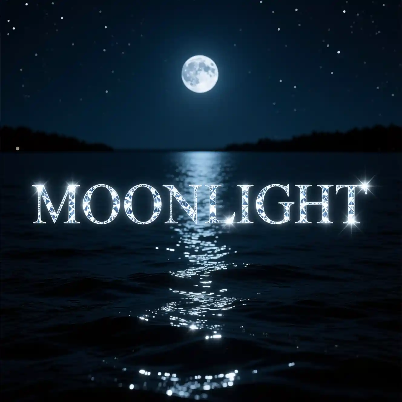 Moody moonlit water background with glowing moonlight text