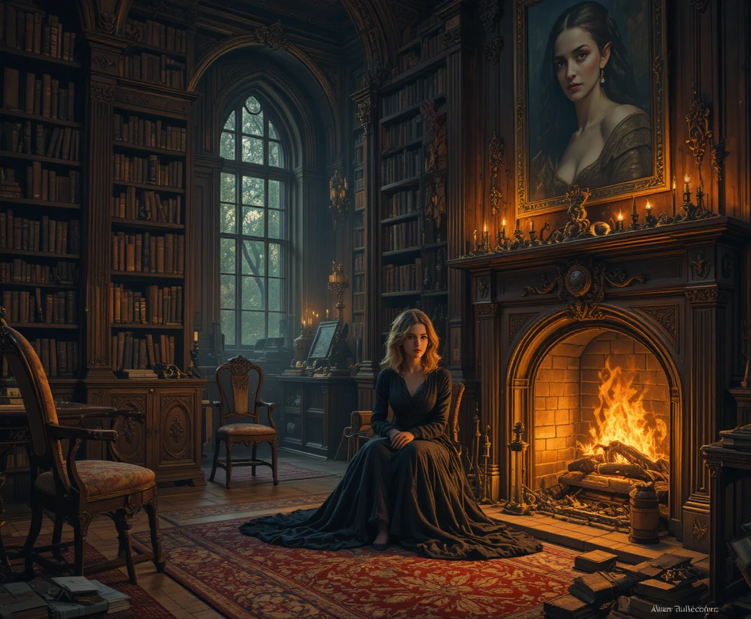 Mysterious woman by the fireplace in an opulent study
