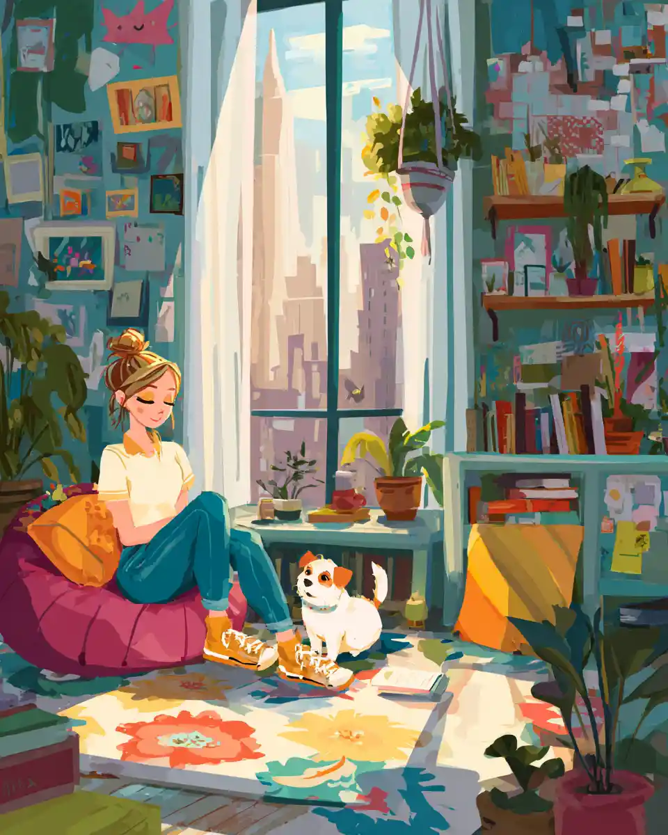 Playful urban apartment with a girl and her dog