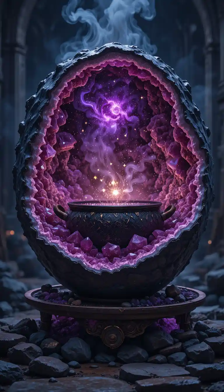 Carretto magico di ramen con calderone di geode di ametista luminosa