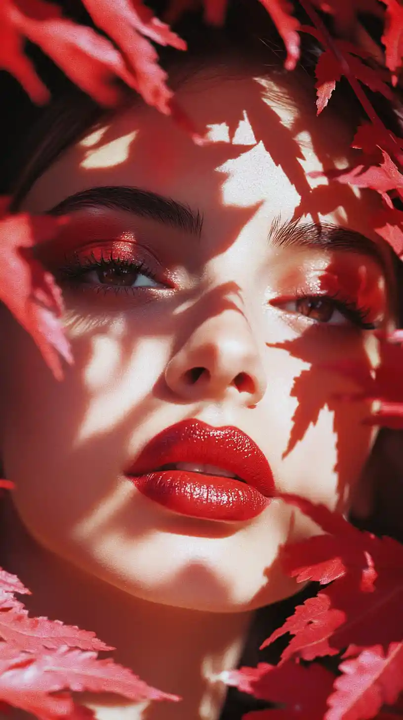 Woman portrait with red makeup and autumn leaves