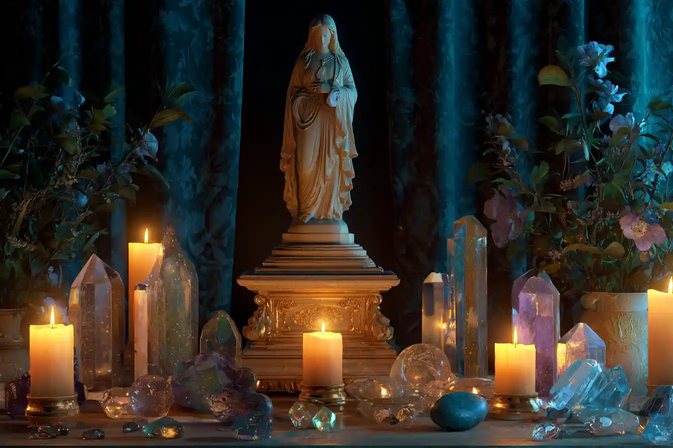 Mystical witch altar with candles and goddess statue