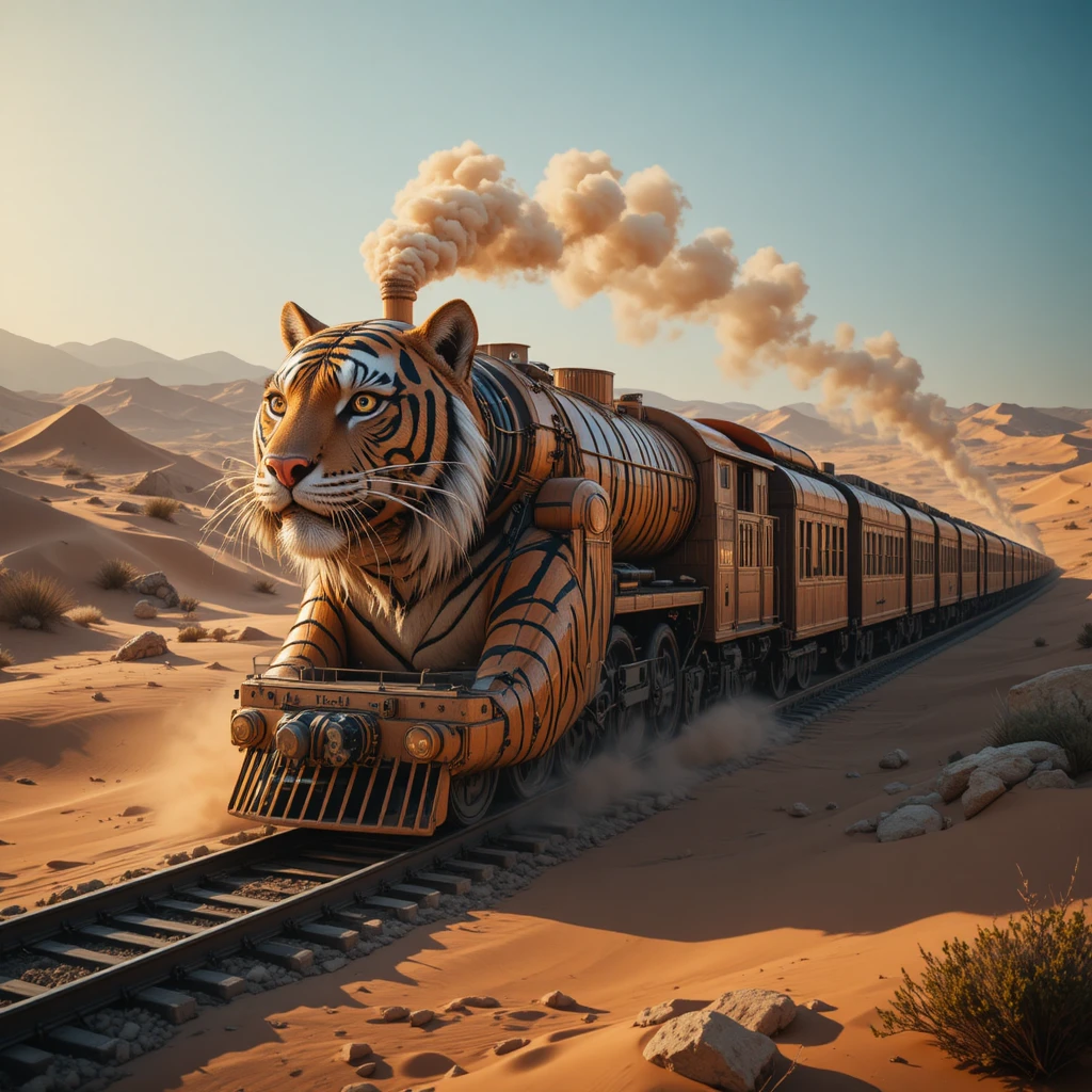 Trem gigante em forma de tigre cruza dunas de deserto banhadas pelo sol