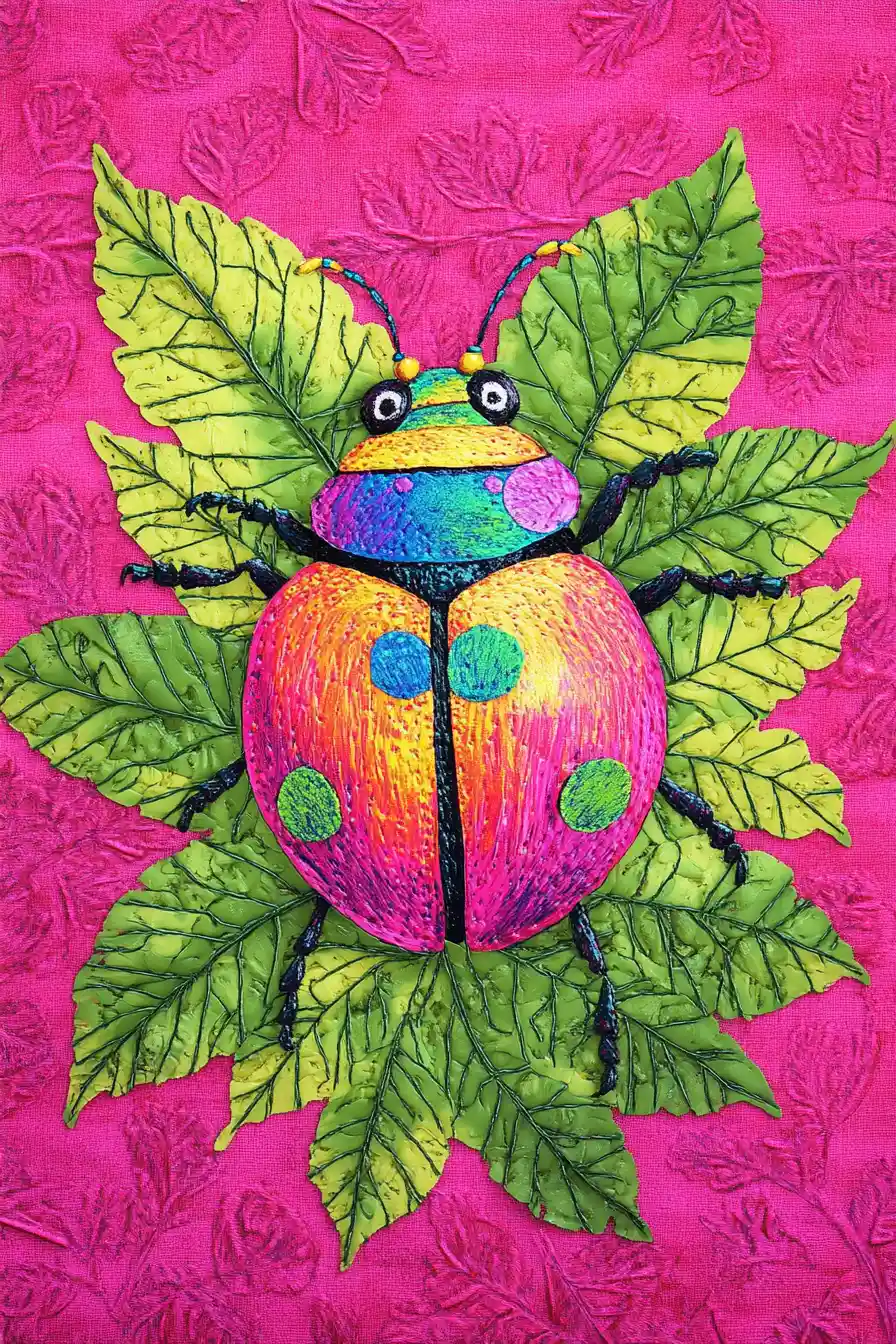 Bright ladybug on pink textured background with green leaves