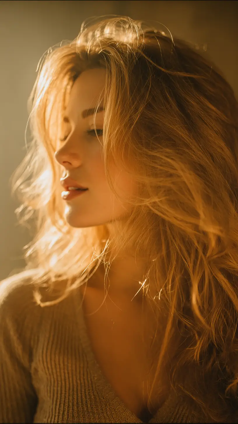 Young blonde woman glowing in soft warm golden light