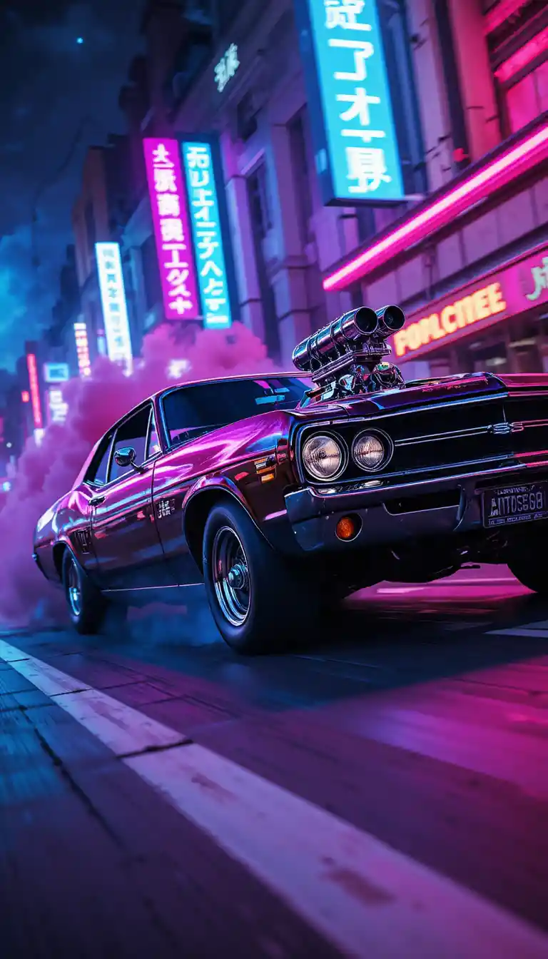 Neon lit muscle car racing through a futuristic city night