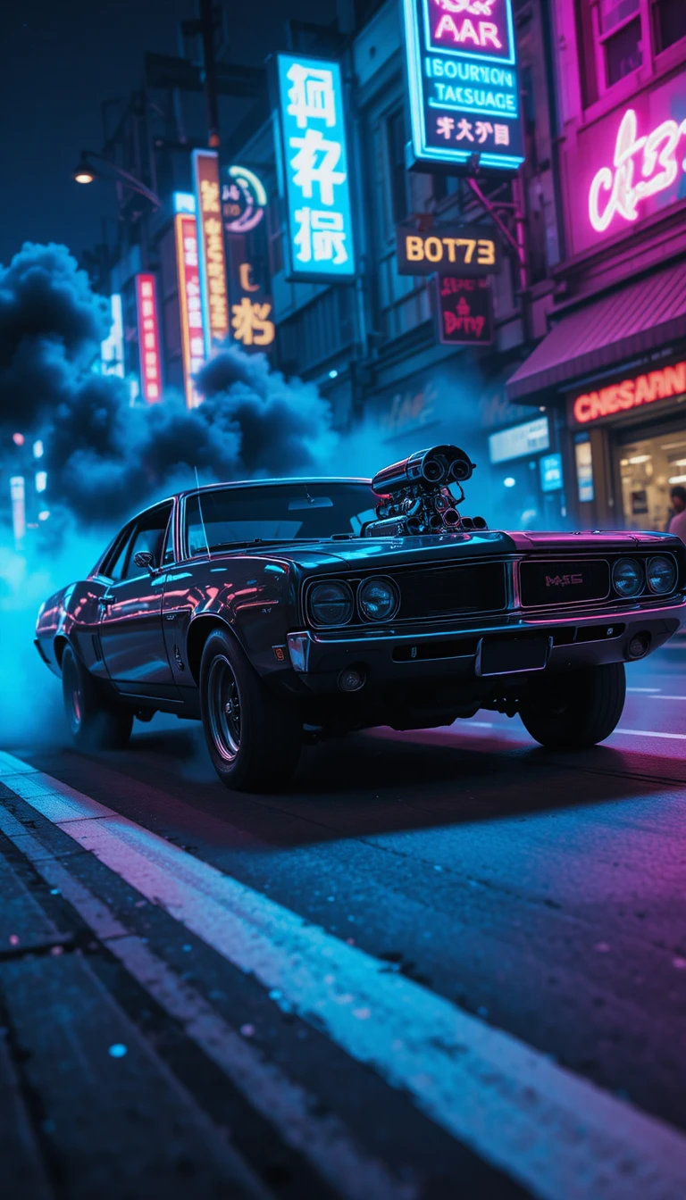 Neon lit 1960s muscle car racing through city night