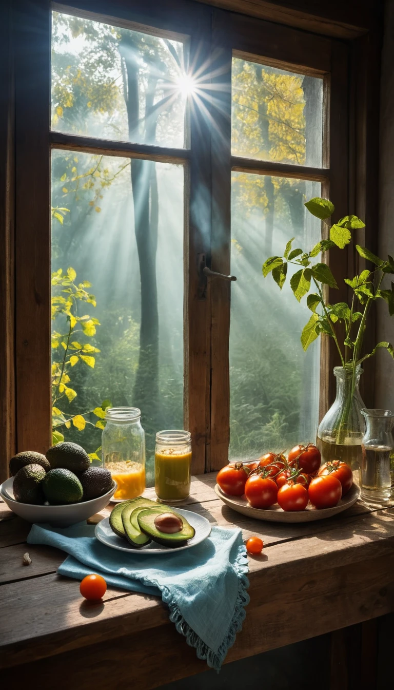 Natura morta rustica e colorata con frutta, pane, insalata e latte