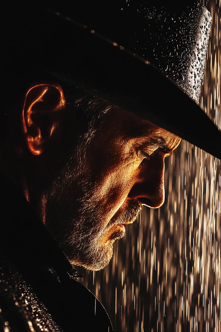 Nahaufnahme eines Männerprofils im Regen mit Cowboyhut