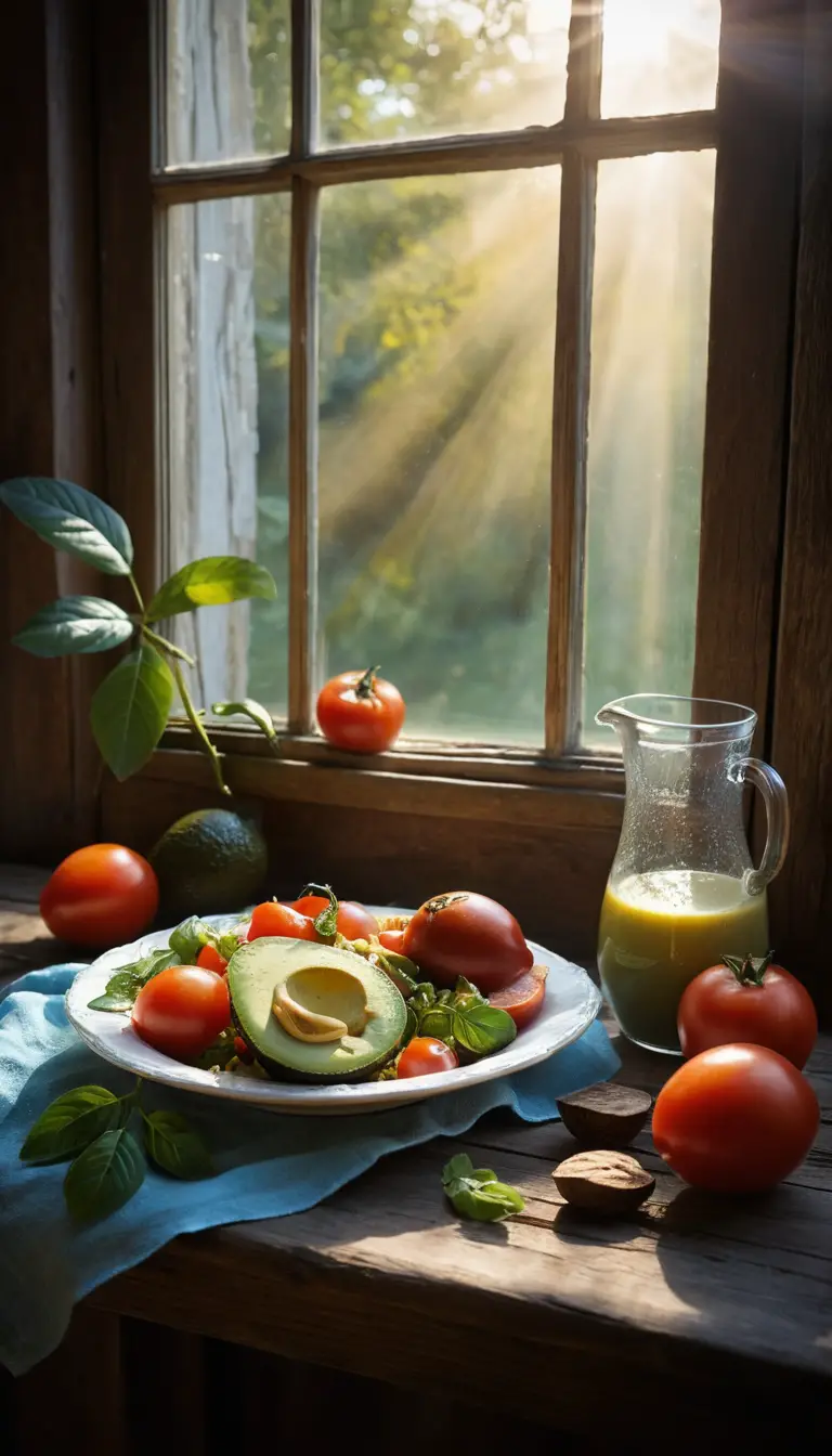 Natura morta rustica con mela, avocado, pane e latte
