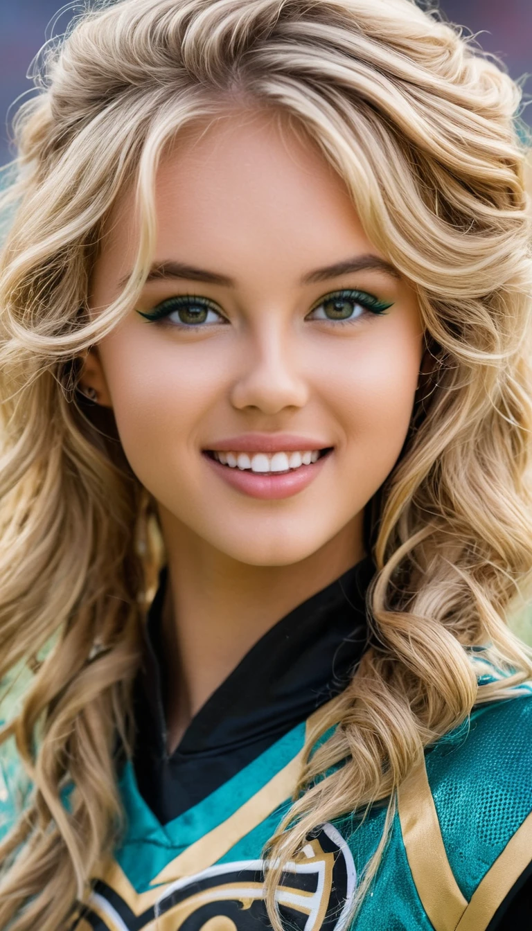 Blonde cheerleader posing on sunny football field
