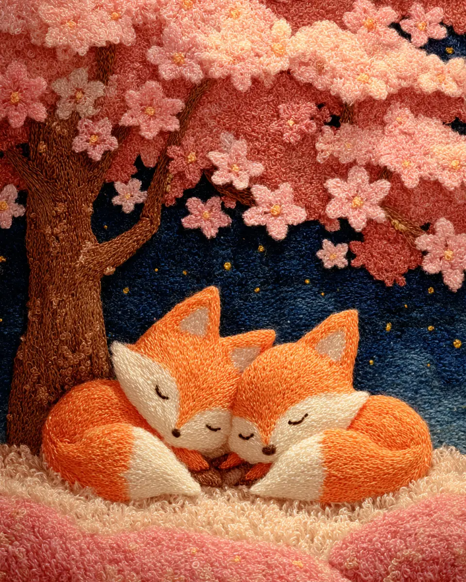 Two cute foxes sleeping together under a starry sky