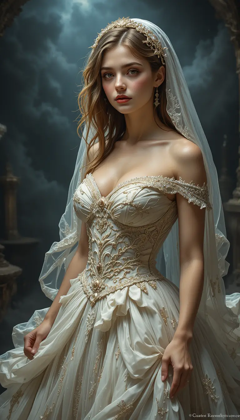 Teenage bride in veil against dark stormy background