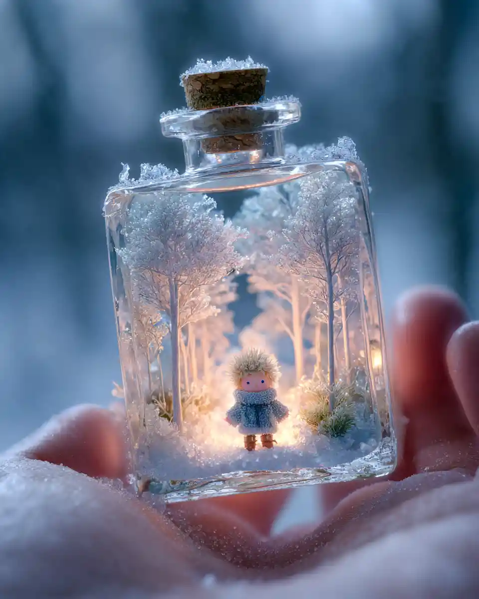 Tiny winter fairy world inside a glass potion bottle